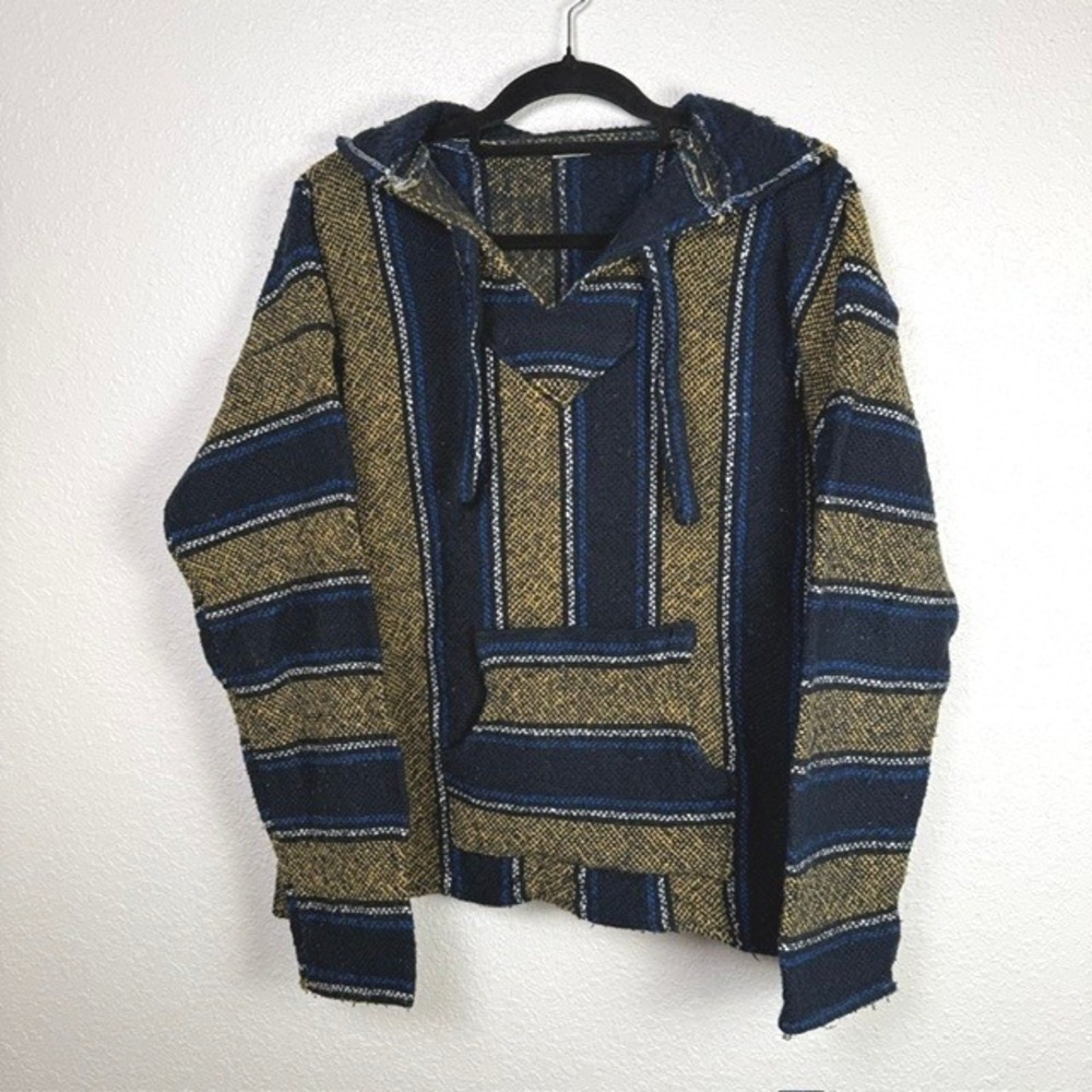 Artesanias F.R. Mexican Baja Blanket Hoodie Pullover Jerga Blue Mustard Large